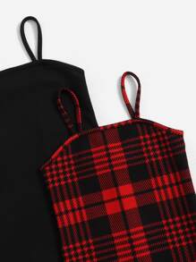 SHEIN Young Girl 2pcs/Set Plaid Suspenders Dress Suitable In Spring And Summer - Multicolor - View 3