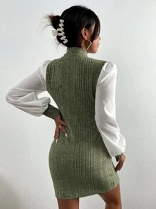 SHEIN Privé 拼接燈籠袖小高領緊身洋裝不附腰帶 - 軍綠色 - 查看 2
