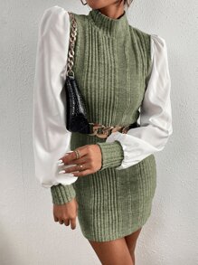 SHEIN Privé 拼接燈籠袖小高領緊身洋裝不附腰帶 - 軍綠色 - 查看 3