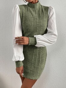 SHEIN Privé 拼接燈籠袖小高領緊身洋裝不附腰帶 - 軍綠色 - 查看 4