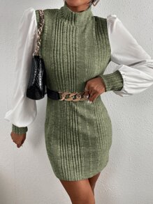SHEIN Privé 拼接燈籠袖小高領緊身洋裝不附腰帶 - 軍綠色 - 查看 5
