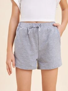 SHEIN Girls Cotton Solid Tie Front Track Shorts - Light Grey - View 1