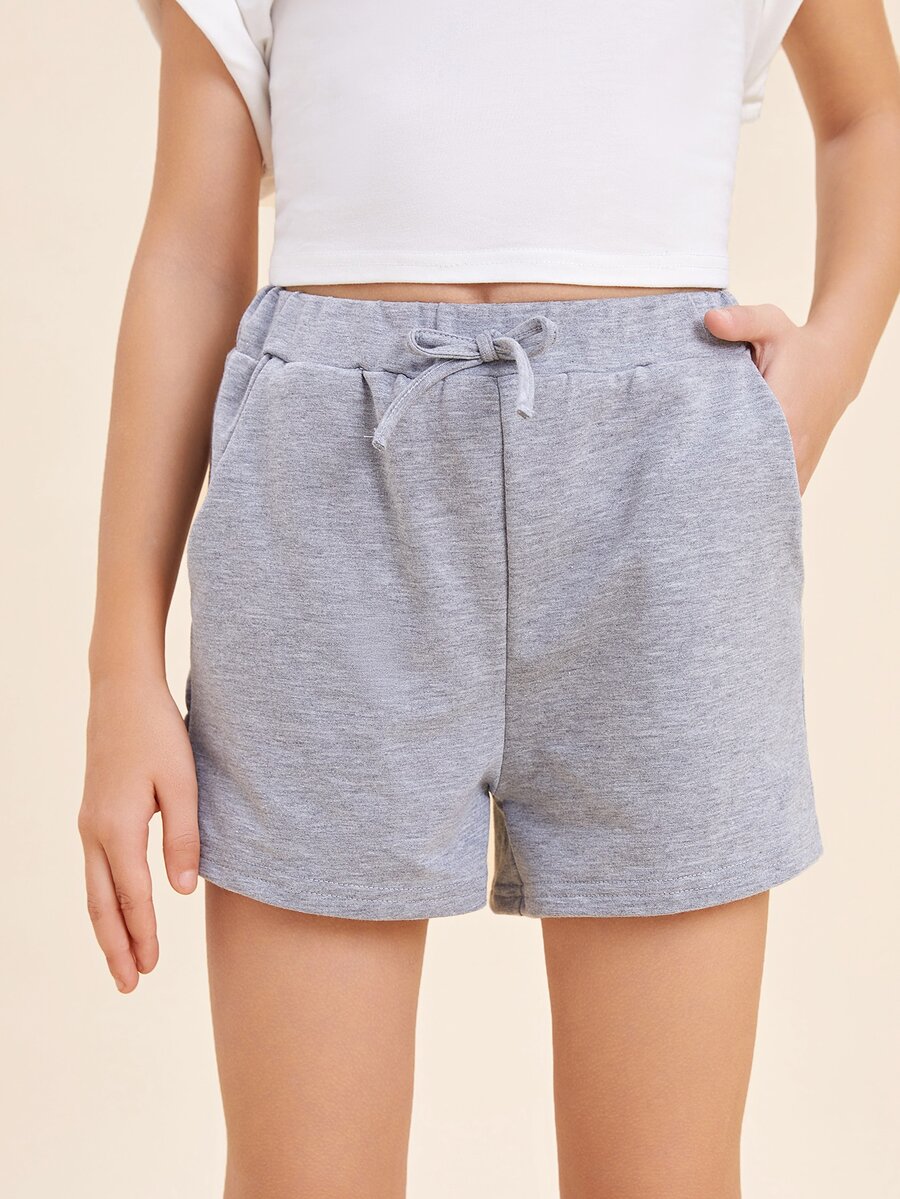 SHEIN Girls Cotton Solid Tie Front Track Shorts - Light Grey - View 1