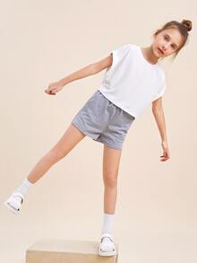 SHEIN Girls Cotton Solid Tie Front Track Shorts - Light Grey - View 3