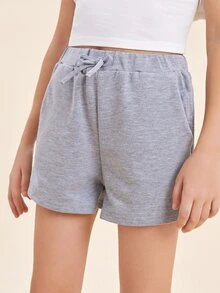 SHEIN Girls Cotton Solid Tie Front Track Shorts - Light Grey - View 4