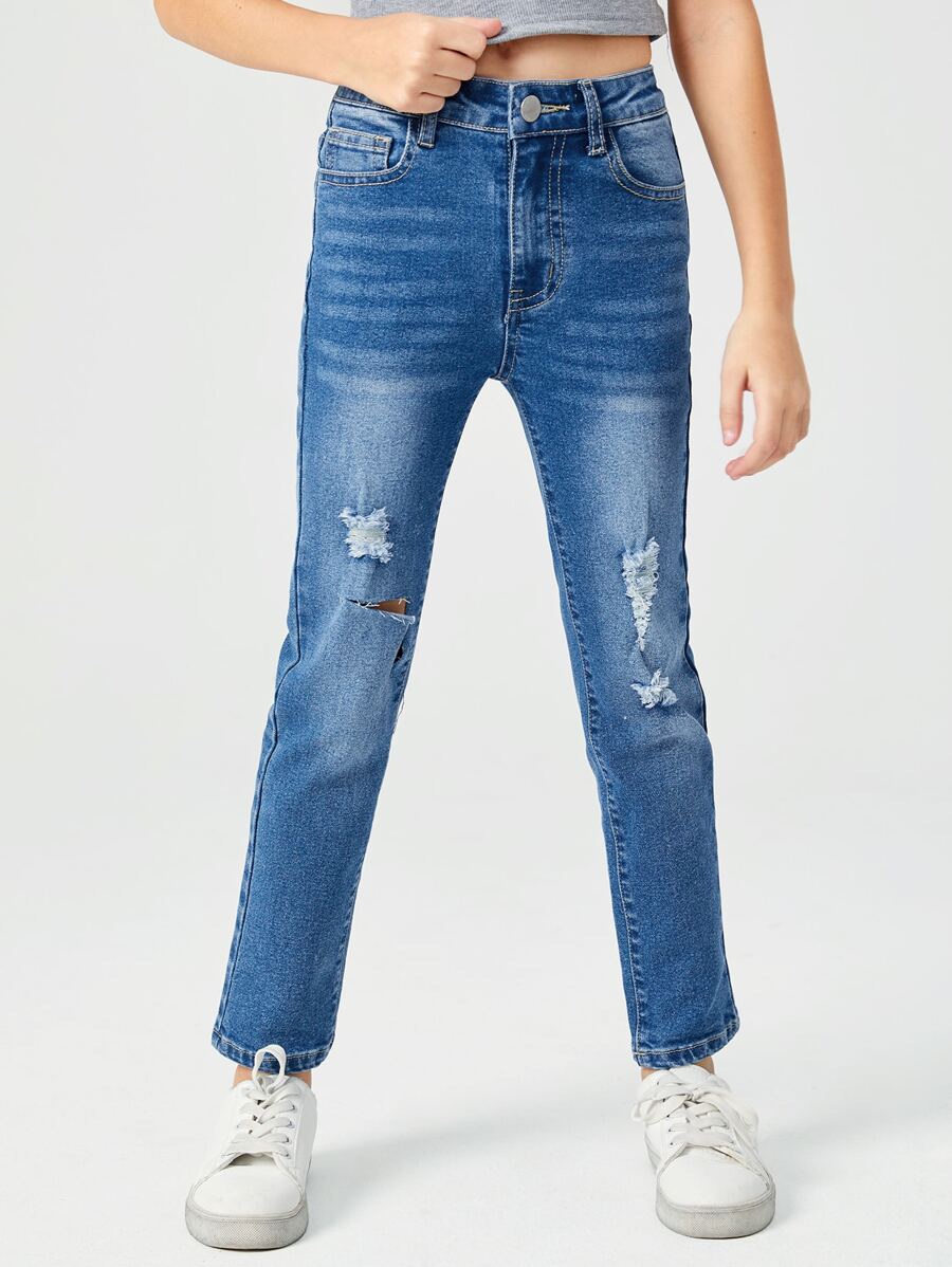 SHEIN Girls Ripped Straight Leg Jeans - Medium Wash - View 1