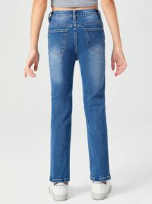 SHEIN Girls Ripped Straight Leg Jeans - Medium Wash - View 2