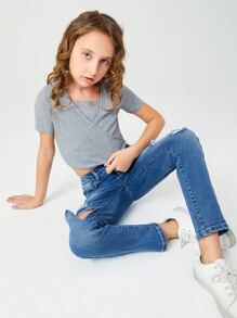 SHEIN Girls Ripped Straight Leg Jeans - Medium Wash - View 3