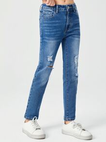 SHEIN Girls Ripped Straight Leg Jeans - Medium Wash - View 5