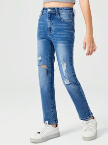 SHEIN Girls Ripped Straight Leg Jeans - Medium Wash - View 6