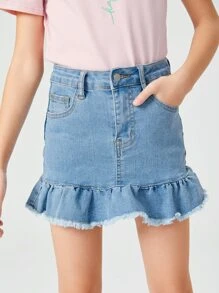 SHEIN Bé Gái Chân váy Denim Nút Túi Hem thô Viên lá sen Dây kéo màu trơn - Rửa nhẹ - Xem 1
