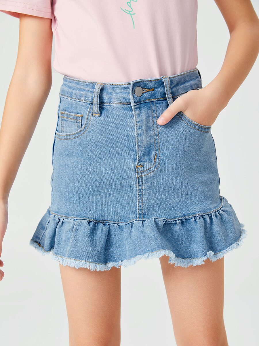 SHEIN Bé Gái Chân váy Denim Nút Túi Hem thô Viên lá sen Dây kéo màu trơn - Rửa nhẹ - Xem 1