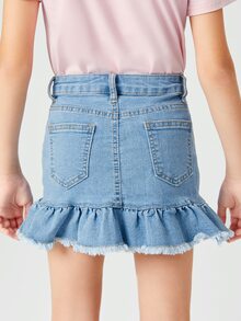 SHEIN Bé Gái Chân váy Denim Nút Túi Hem thô Viên lá sen Dây kéo màu trơn - Rửa nhẹ - Xem 2