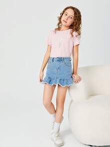 SHEIN Bé Gái Chân váy Denim Nút Túi Hem thô Viên lá sen Dây kéo màu trơn - Rửa nhẹ - Xem 3
