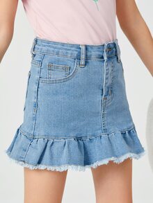 SHEIN Bé Gái Chân váy Denim Nút Túi Hem thô Viên lá sen Dây kéo màu trơn - Rửa nhẹ - Xem 5