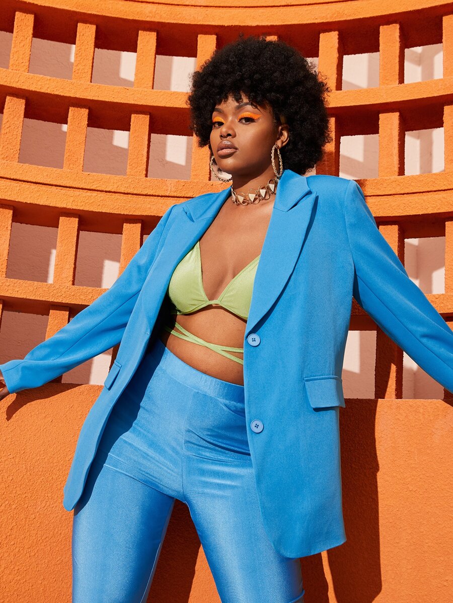 SHEINNeu Plus Single Breasted Blazer - Blue - View 1
