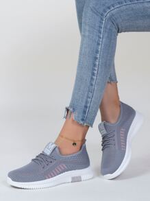 條紋圖案針織細節跑步鞋 - 灰色 - 查看 1