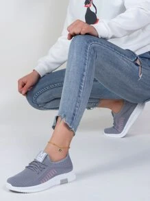 條紋圖案針織細節跑步鞋 - 灰色 - 查看 3