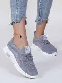 條紋圖案針織細節跑步鞋 - 灰色 - 查看 4