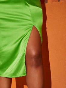 SHEIN BAE Plus Split Thigh Satin Cami Dress - Lime Green - View 7