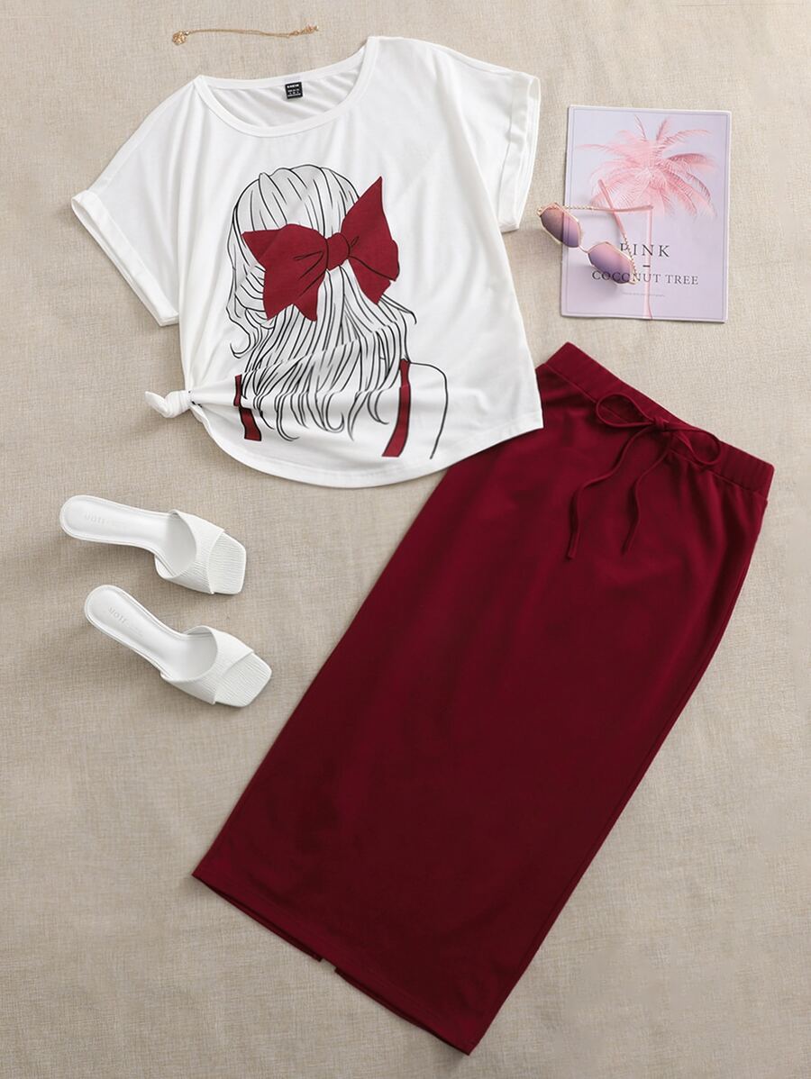 Seusyu Figure Pattern Tee & Tie Front Skirt 2 Piece Set - Red and White - View 1