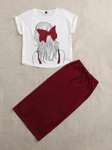 Seusyu Figure Pattern Tee & Tie Front Skirt 2 Piece Set - Red and White - View 5
