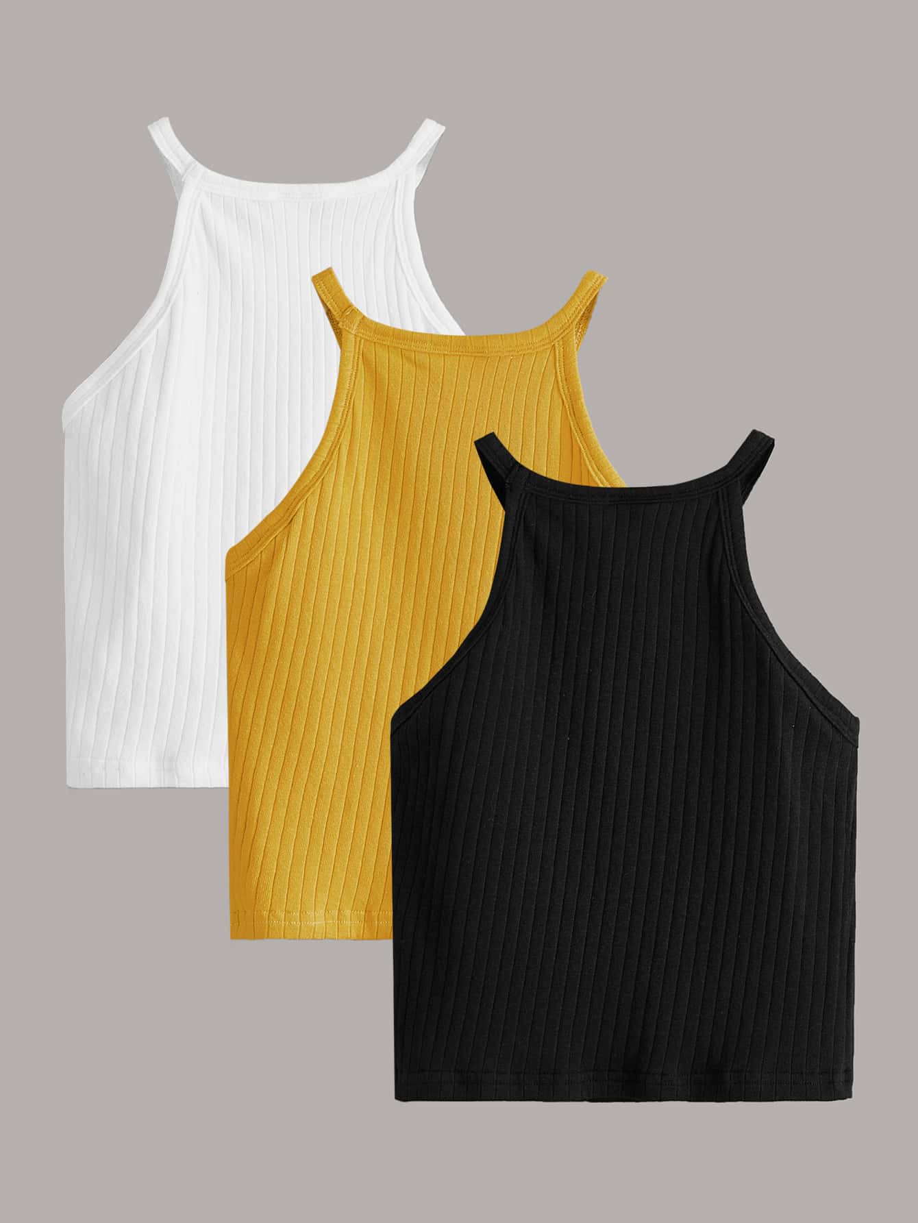 SHEIN Leap Crew Top De Halter De Punto De Costilla De Sólido De 3 Piezas Para Niña Preadolescente - Multicolor - Ver 1