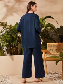 Mulvari Bộ đồ hai mảnh nữ Nghề thêu mép Hình học Thanh lịch - Màu xanh hải quân - Xem 4