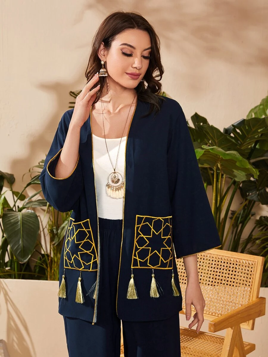 Mulvari Bộ đồ hai mảnh nữ Nghề thêu mép Hình học Thanh lịch - Màu xanh hải quân - Xem 1