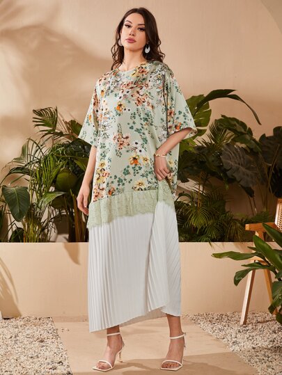 Seusyu 印花蕾絲拼接連衣裙