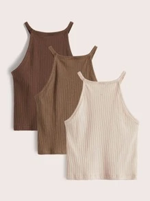 SHEIN Girls 3pcs Cotton Ribbed Knit Solid Halter Top - Multicolor - View 2