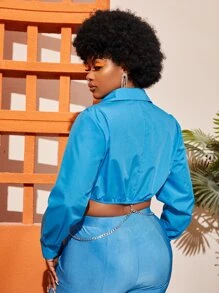 SHEIN Unity 大碼鏈條細節前紐扣短款襯衫 - 藍色 - 查看 2