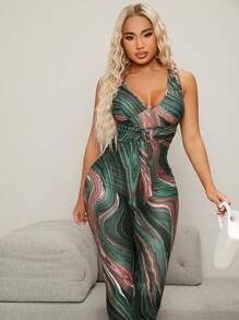 SHEIN SXY 大理石圖案前繫帶喇叭連身褲 - 彩色 - 查看 4