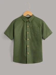 SHEIN Áo sơ mi Trai Túi Nút phía trước màu trơn Giải trí - xanh quân đội - Xem 1