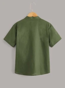 SHEIN Áo sơ mi Trai Túi Nút phía trước màu trơn Giải trí - xanh quân đội - Xem 2