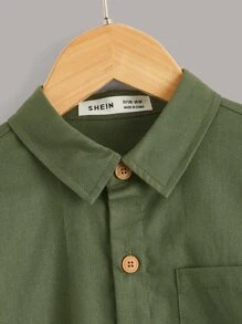 SHEIN Áo sơ mi Trai Túi Nút phía trước màu trơn Giải trí - xanh quân đội - Xem 3