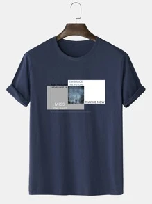Manfinity Hombres Camiseta con estampado de slogan - Azul Marino - Ver 1
