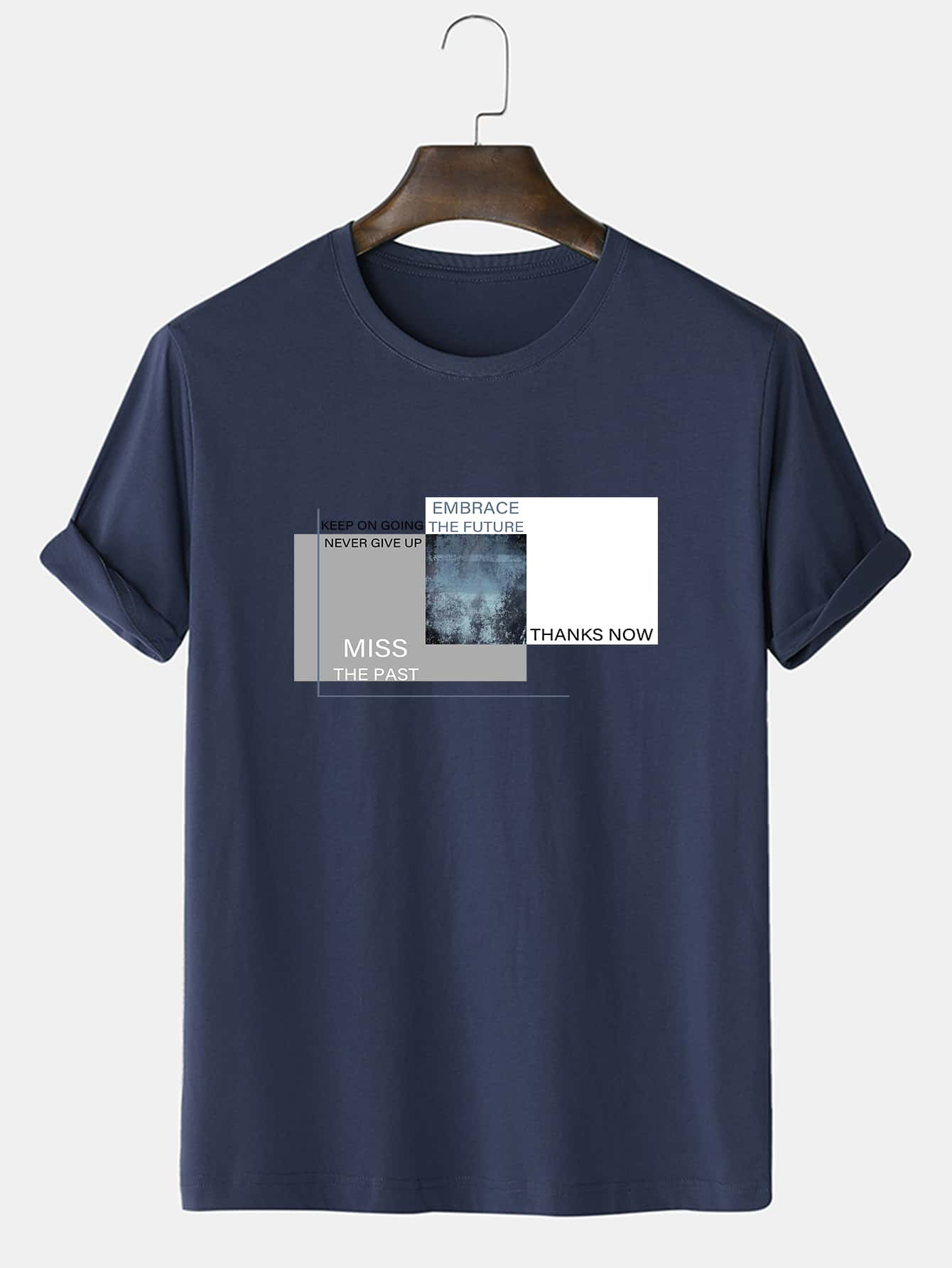 Manfinity Hombres Camiseta con estampado de slogan - Azul Marino - Ver 1