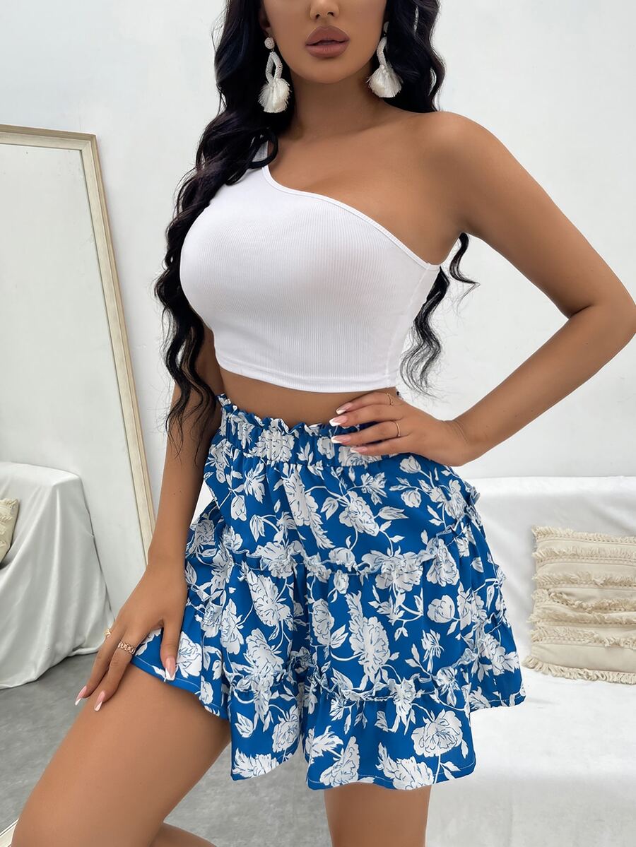 SHEIN SXY Bộ đồ hai mảnh nữ viền lá sen phân lớp Quần paper-bag Hoa Boho - Xanh và trắng - Xem 1