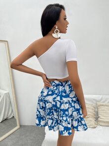 SHEIN SXY Bộ đồ hai mảnh nữ viền lá sen phân lớp Quần paper-bag Hoa Boho - Xanh và trắng - Xem 2