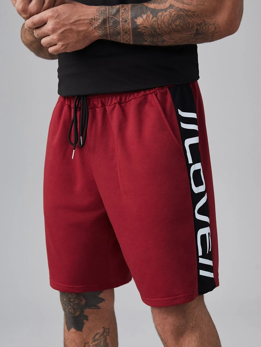 Manfinity Men Plus Letter Graphic Side Seam Drawstring Waist Shorts - Burgundy - View 1