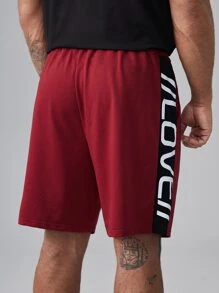 Manfinity Men Plus Letter Graphic Side Seam Drawstring Waist Shorts - Burgundy - View 2