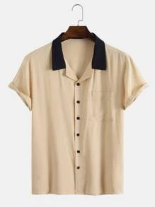Manfinity Áo sơ mi Nam Tương phản ren Túi Nút phía trước Khối Màu Giải trí - Màu Khaki - Xem 1