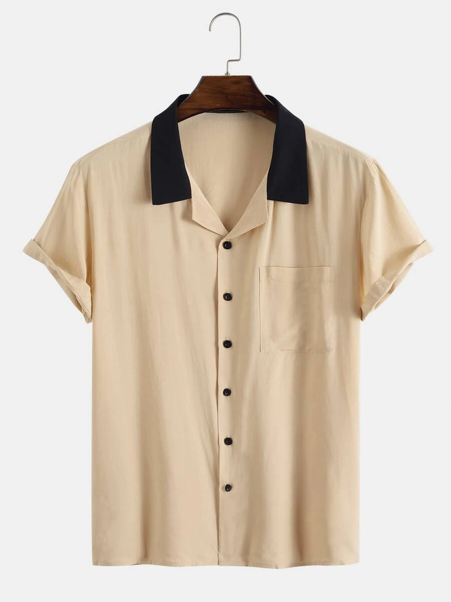 Manfinity Áo sơ mi Nam Tương phản ren Túi Nút phía trước Khối Màu Giải trí - Màu Khaki - Xem 1