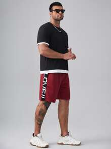 Manfinity Men Plus Letter Graphic Side Seam Drawstring Waist Shorts - Burgundy - View 3