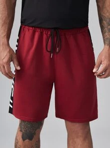 Manfinity Men Plus Letter Graphic Side Seam Drawstring Waist Shorts - Burgundy - View 5