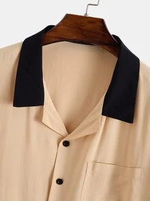 Manfinity Áo sơ mi Nam Tương phản ren Túi Nút phía trước Khối Màu Giải trí - Màu Khaki - Xem 5