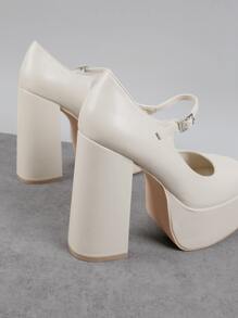 Tacones cuadrado de punta cerrada mary jane tacón alto - Beis - Ver 4