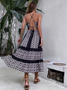 Geo Print Criss Cross Backless Cami Dress - Multicolor - View 3