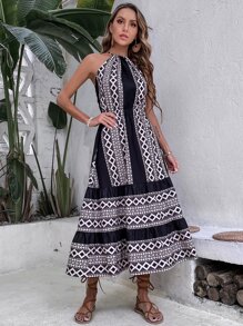 Geo Print Criss Cross Backless Cami Dress - Multicolor - View 5